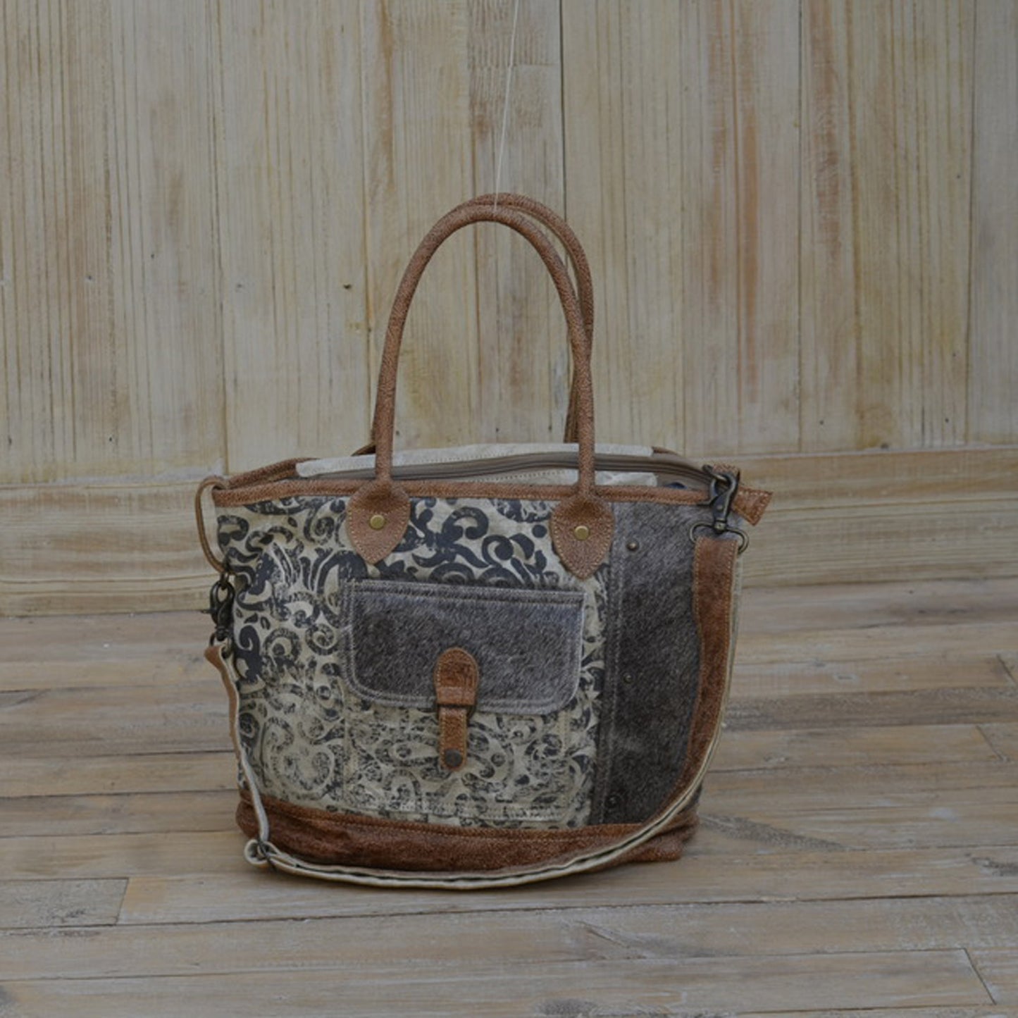 Tasche Marie I Shopper aus Baumwolle, Leder und Echtfell