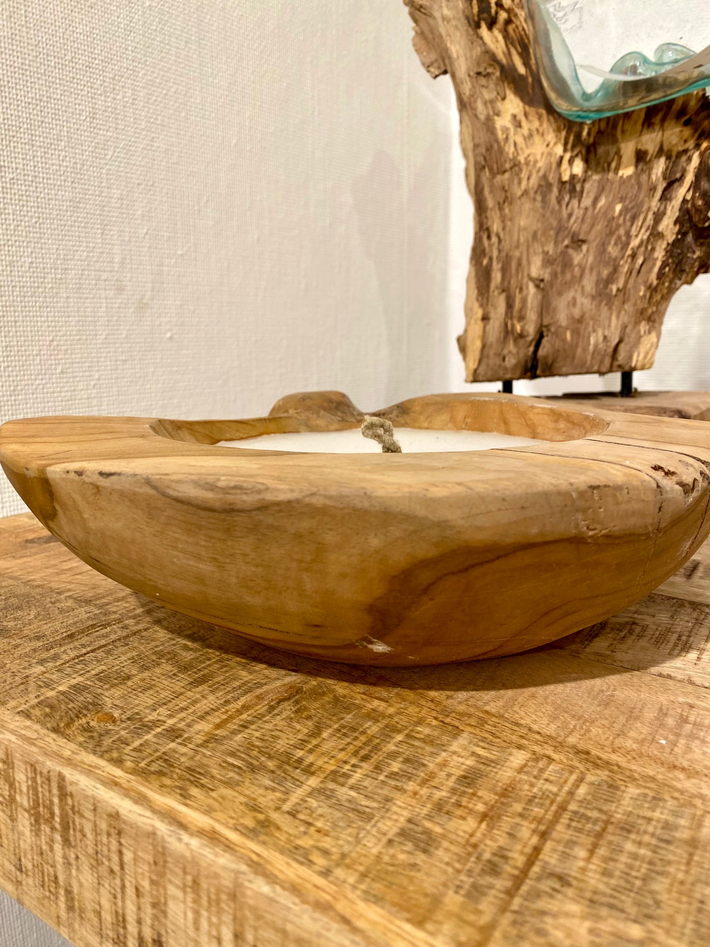 Kerze in Teakholzschale 30 cm