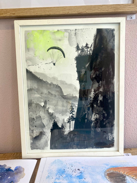 Berggeflüster - Artful Paragliding Original Aquarell Gleitschirm Kunst