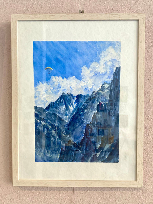 Stein und Wind - Artful Paragliding Original Aquarell Gleitschirm Kunst