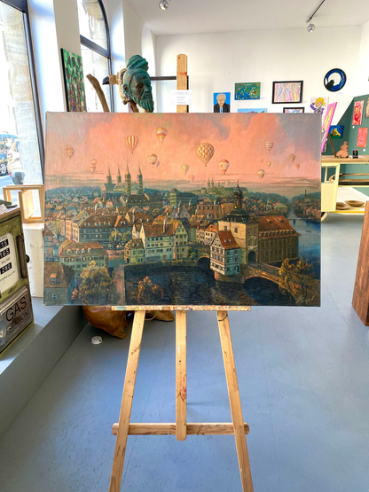 Bamberger Dom und Altes Rathaus Leinwand Gemälde mit Öl gemalt vonm Künstler Pavel Fedorov, surreale Landschaft mit Heißluftballons.