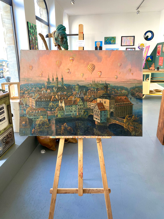 Bamberger Dom und Altes Rathaus Leinwand Gemälde mit Öl gemalt vonm Künstler Pavel Fedorov, surreale Landschaft mit Heißluftballons.