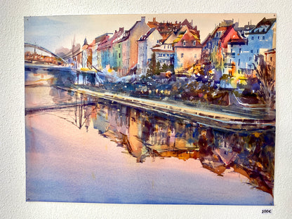 AN DER KETTENBRÜCKE | Original Aquarell von Alexander Vasilyev - Abendstimmung am Wasser als stimmungsvolles Weihnachtsgeschenk