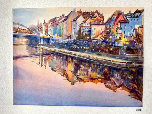 AN DER KETTENBRÜCKE | Original Aquarell von Alexander Vasilyev - Abendstimmung am Wasser als stimmungsvolles Weihnachtsgeschenk