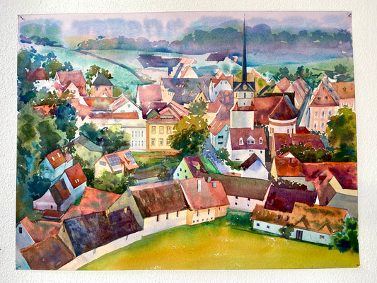 REICHMANNSDORF VON OBEN | Original Aquarell von Alexander Vasilyev - Farbenfrohes fränkisches Dorfpanorama als ideales Weihnachtsgeschenk