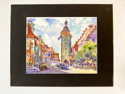 HISTORISCHER STADTTURM | Original Aquarell von Alexander Vasilyev - Lebendige Altstadtszene als besonderes Weihnachtsgeschenk