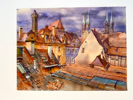 BAMBERGER DÄCHER & DOM | Original Aquarell von Alexander Vasilyev - Stimmungsvolle Stadtansicht als Weihnachtsgeschenk