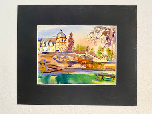 SCHLOSS SEEHOF - BAROCKE GARTENANLAGE IN MEMMELSDORF | Original Aquarell von Alexander Vasilyev - Farbstarkes Kunstwerk