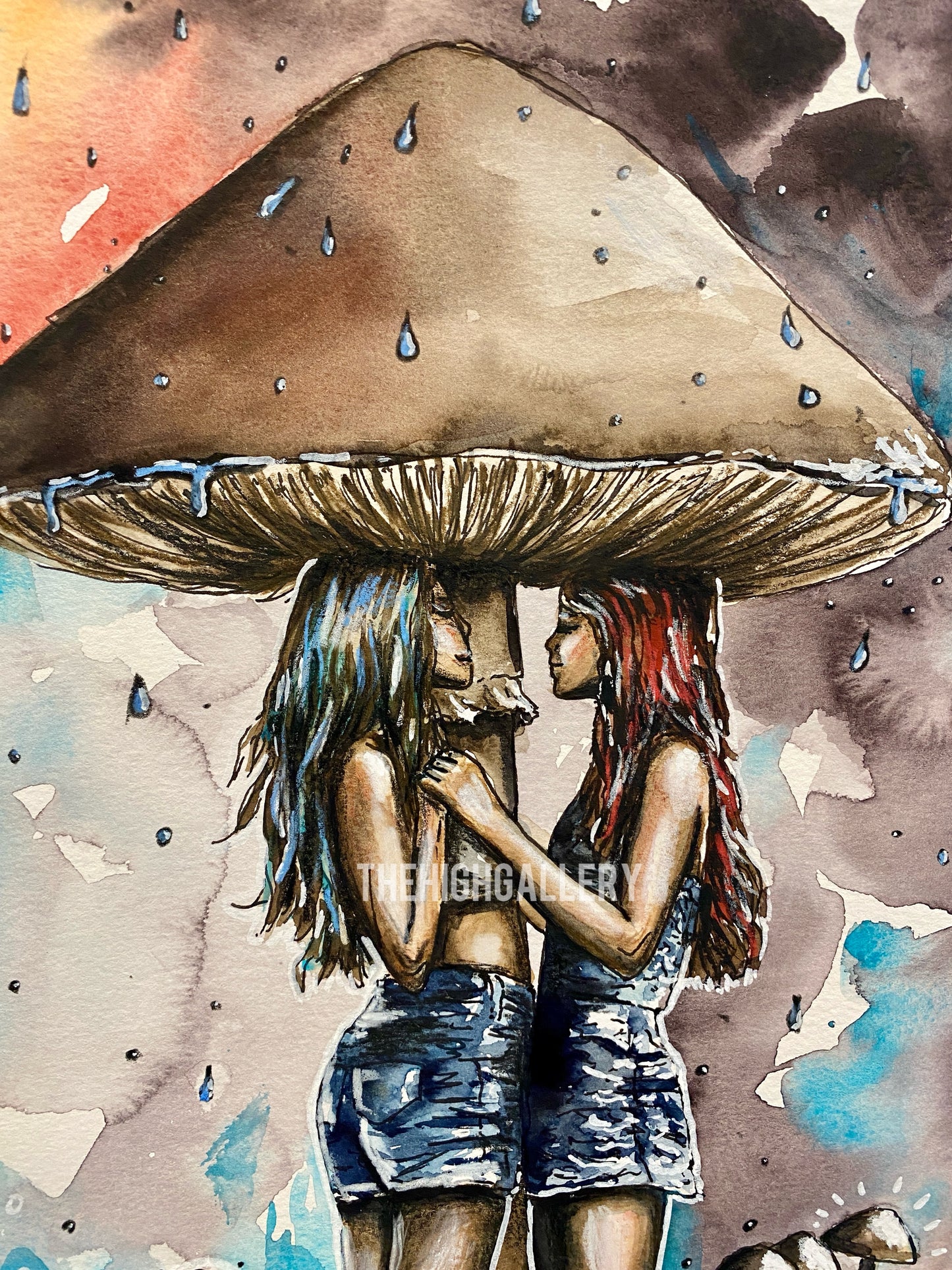 Alu-Dibond Fine Art Print – TOGETHER TROUGH THE RAIN – Aquarell Illustration in 30×40 cm