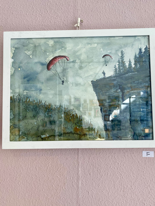 Grüße aus der Luft - Gleitschirm Aquarell – Originalkunst mit Tusche | Paragliding Wandbild mit Berglandschaft
