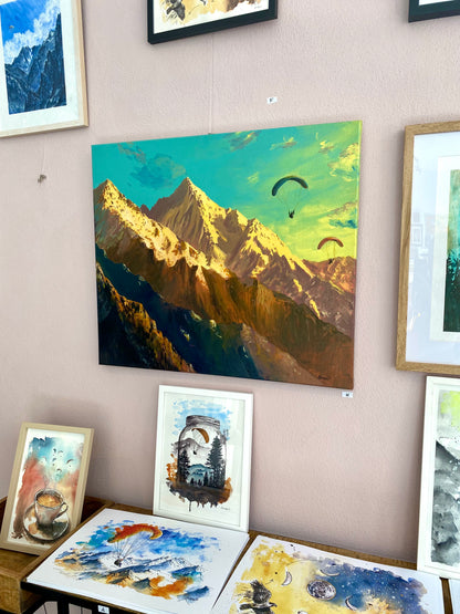 Abendflug - Originalgemälde Gleitschirm & Berge - Acryl auf Leinwand