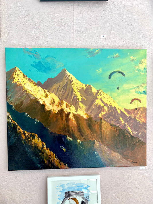 Abendflug - Originalgemälde Gleitschirm & Berge - Acryl auf Leinwand