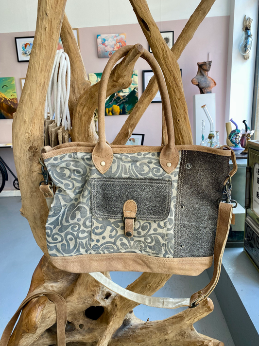 Tasche Marie I Shopper aus Baumwolle, Leder und Echtfell