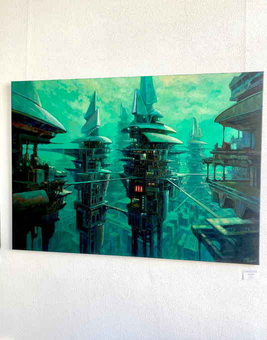 EMERALD PLANET – Futuristisches Großformat-Gemälde von Pavel Fedorov Originalgemälde – Öl auf Leinwand, 140 x 100 cm