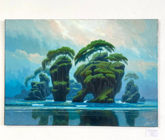 BROCCOLI – Surreales Inselgemälde von Pavel Fedorov Originalgemälde – Öl auf Leinwand