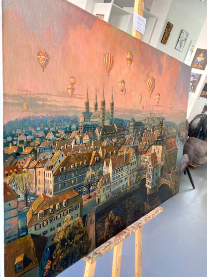Gemlde mit Öl gemalt von der Altstadt Weltkulturerbestadt Bamberg mit surrealem Touch